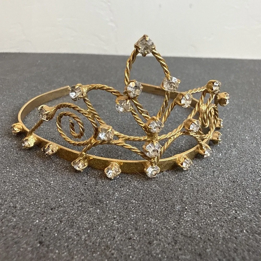 VTG Mid Century Gold Prong Set Rhinestone Tiara Mini Hair Crown Headband Bridal